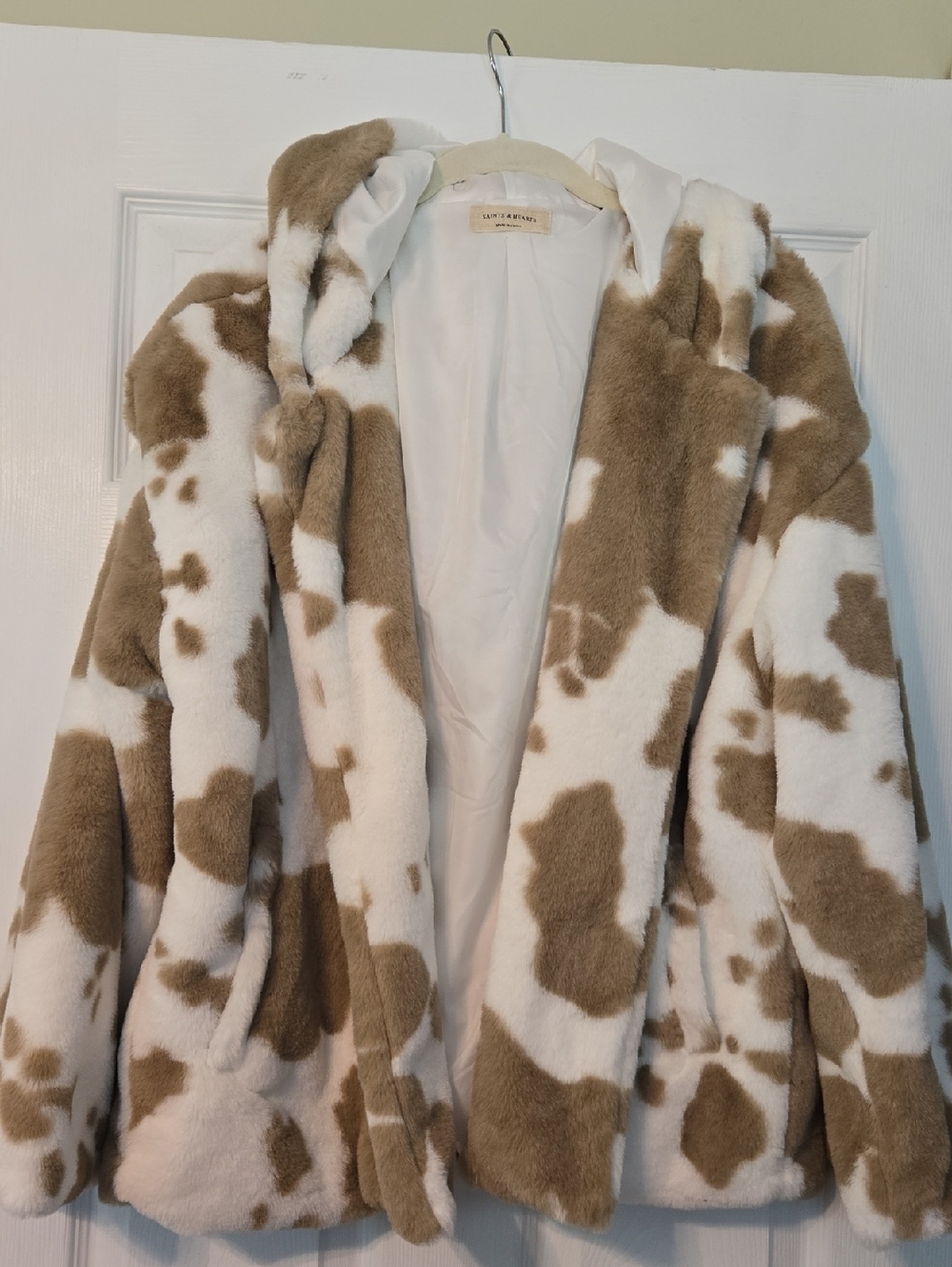 Faux Fur Cow-Print Coat - White & Brown
